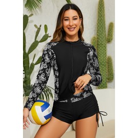 SHEKINI Women's 3-Piece Rash Guard Long Sleeve Swimsuits with Drawstring Short, Black print