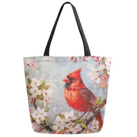 Fashion Pattern Extra Large Shoulder Grocery Tote Bag, Beautiful Cardinal in Cherry Flower Branch Canvas Daily Handle Bag for Gym Weekender Beach Travel Kitchen Reusable Market Shopping