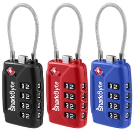 SharkByte TSA Approved Luggage Locks - 4-Digit Combo, (3 Pack) Flexible Cable for Suitcases & Bags (10,000 Combinations)