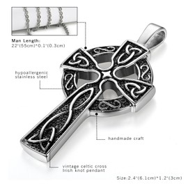 Oidea Stainless Steel Vintage Handmade Mens Gothic Celtic Irish Knot Cross Pendant Necklace Silver Black Two Tone