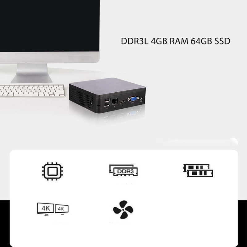 Fanless Mini PC 4GB RAM 64GB SSD 4K Output HD