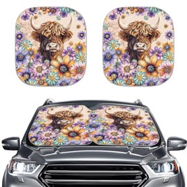 HUISEFOR Highland Cow Automotive Windshield Sunshades Set of 2 Flower Sun Shade for Car Windshield Easy to Install Windshield Cover for SUV Vehicle Sedan Truck Summer Essential Gift for Friends