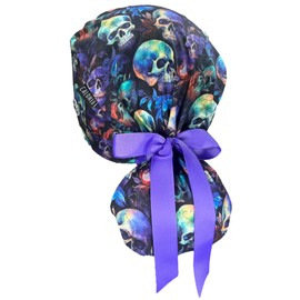 CALOMED Scrub Cap for Women and Men, Ponytail Scrub Caps, Working Hat, Head Cover with Ribbon Ties and Buttons, Long Hair (Purple Skulls)