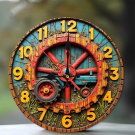 Vintage Tractor Wheel Wall Clock Rustic Farmhouse Decor 10-Inch Wooden Wall Clock, Silent Movement, Battery Operated (AA Batteries Not Included), Artistic Home Decor, Perfect for Home Accents