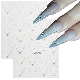 2 Sheets Gold Silver French Curve Nail Art Stickers Decals Curve Line Nail Decals with Flat Bottom Diamond Design, 3D Self-Adhesive Nail Design Stickers for Women Girls DIY Manicure Decoration