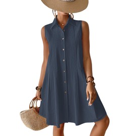 Bsubseach Cotton Swimsuit Coverup for Women Sleeveless Button Down Bathing Suit Cover Up Summer Beach Pleated Shirt Dresses Dark Blue XXL