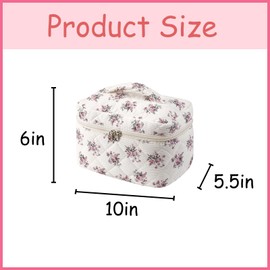 uekeboag Large Travel Quilted Makeup Bag for Women, Floral Cotton Cosmetic Bag, Coquette Aesthetic Floral Toiletry Organizer Bag(Corduroy Pink