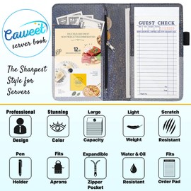 Server Book for Waitress-Leather Waitress Book Organizer with Zipper Pocket Cute Waiter Book Server Wallet with Elastic Band Closure, Royal Black Glitter