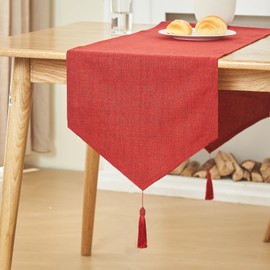 WAITER TREE Linen Style Table Runner with Tassels Washable Rustic Farmhouse Dresser Scarf for Dining Table Coffee Living Room Decor Christmas Thanksgiving (Red, 35 x 240cm)