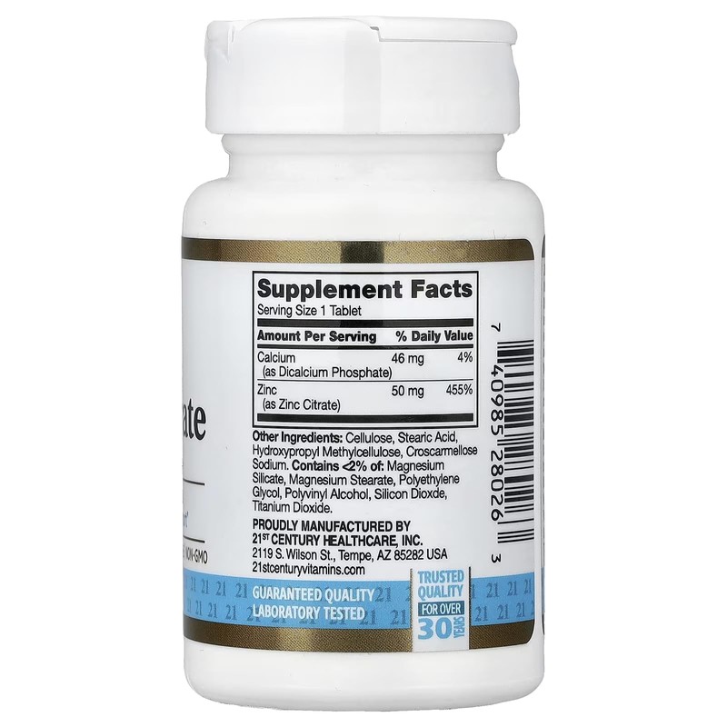 21st Century Healthcare Zinc Citrate Tablets 50mg, 360 Count, White