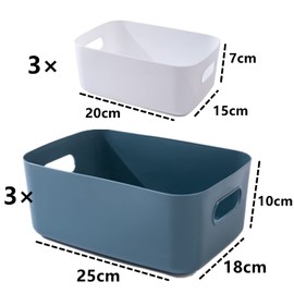 Pack of 6 Plastic Storage Boxes, Multiple Colours Organisation Storage Baskets for Kitchen, Cupboard, Office, Bathroom, Toy, Home Tidy Open Storage Bins with Handles (3 Pieces 24 x 17.5 x 9.5 cm + 3