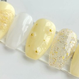 Soft yellow chiffon handmade nail tips - Coffin Egg / 여리여리 옐로우 쉬폰 수제네일팁 - 코핀에그