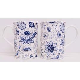 Blue Persia Mugs Set of 2 Fine China Classic Oriental Blue & White Flowers Floral Windsor Cups Hand Decorated in UK