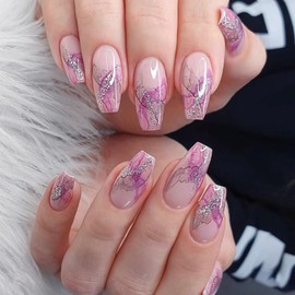 Coffin Press on Nails Medium Fake Nails Purple & Grey Smudge Acrylic Nails White Translucent Nails Press ons Silver Glitter Glue on Nails Glossy & Spring Stick on Nails for Women 24Pcs