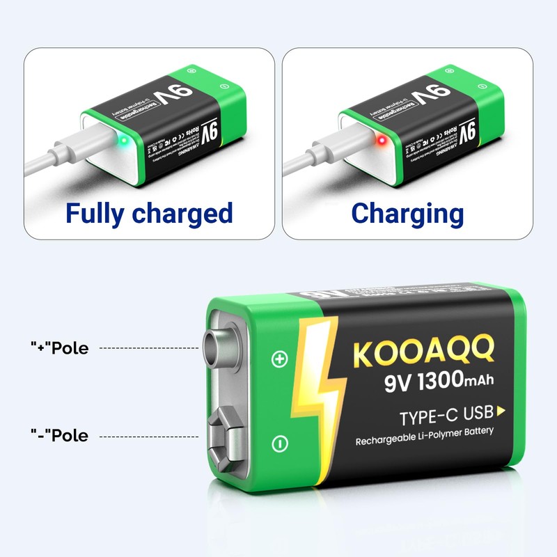 KOOAQQ 2-Pack Rechargeable 9v Batteries, USB-C Recharge with 2 in