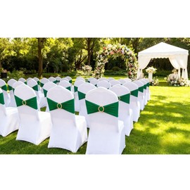 MAGTOWNE 50 Pack Hunter Green Chair Bands Spandex, Emerald Green Chair Sashes with Gold Buckle Slider for Christmas Forest Party Folding Chairs Birthday Décor, Green Chairs Bows
