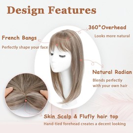 Insmi Hair Topper with Bangs, 360° 3D Cover Toppers for Women, Hair Pieces for Women with Thinning Hair，Clip in Bangs with Topper (Light Brown with Highlights)