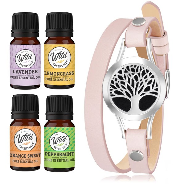 Wild Essentials Tree of Life Essential Oil Leather Wrap Bracelet Diffuser Kit, Gift Set, Lavender, Lemongrass, Peppermint, Orange Oils, 12 Pads, Customizable Color Changing Perfume Jewelry, Aromatherapy - Pink