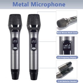 KOMISON 4 Wireless Microphone System 4-Channel Microphones All Metal Wireless Mic Set,Cordless Dynamic for Singing, Karaoke, Church, DJ, 260ft Range (Gray)