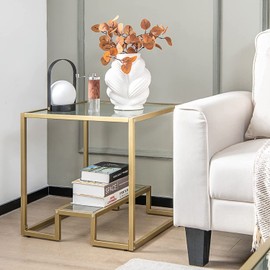 NAFORT Glass Nightstand Set of 2, Gold Square Sofa Side Table with Storage Shelf, Tempered Glass & Metal Frame, Easy to Assemble, Modern End Table for Bedroom Living Room Balcony/Gold, Set of 2