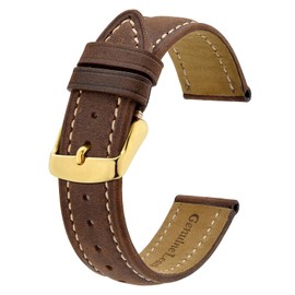 BISONSTRAP Vintage Watch Straps with Gold Buckle, Leather Replacement Band 24mm (Dark Brown with Beige Thread)