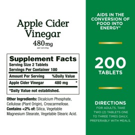 Nature's Bounty Apple Cider Vinegar Tablets 480mg 200 Count Vegetarian Friendly