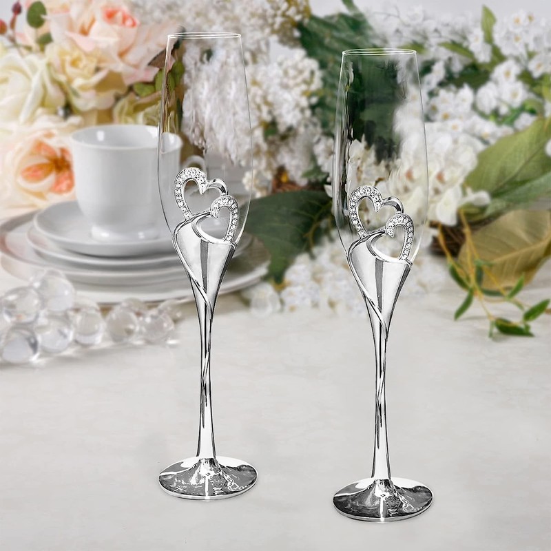 ukgiftstoreonline Double Heart Wedding Champagne Flute with Sparkling Crystals