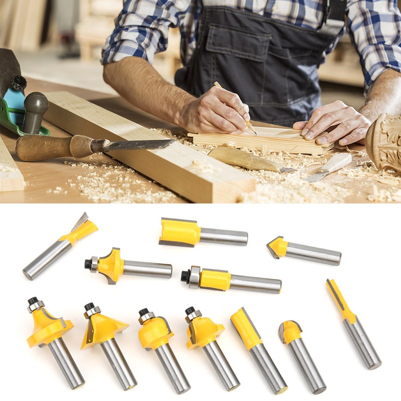 12 Pcs Router Bit Yellow Carbide Cemented Woodworking Milling Cutter