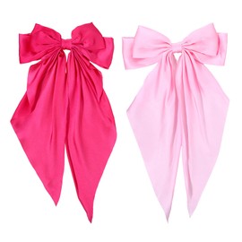 2 Pcs Silky Satin Hair Bows Large Hair Bows for Women Hot Pink Satin Hair Bows Pink Hair Bow Clip Hair Clips with Long Tails Pink Hair Bow for Wedding Prom Party Charm Vintage Hair Accessories