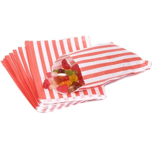The Paper Bag Company Candy Stripe Paper Bags, 5 x 7 Inches - Red, Pack of 100