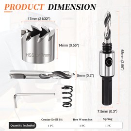 METALLIXITY Hole Saw Kit 17mm (21/32"), 4341 High Speed Steel Hole Cutter with Center Drill Bit, Hex Key and Spring - for Soft Metal, Wood, Plastic, Plasterboard, PVC Boards. Silver