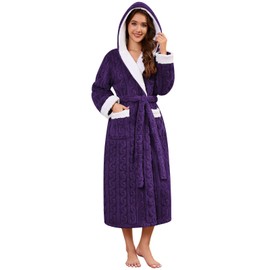 Niwicee Womens Dressing Gowns Fluffy Women's Robes Hooded Fleece Bathrobe Winter Long Robe Warm Nightwear Towelling Bath Sleepwear for Spa Hotel Home (Purple, M)