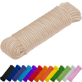 TECEUM Rope – 90 Feet x 1/4 Inch (7mm) – Beige – Strong All-Purpose Utility Rope – Camping, Crafting, Flag Pole, Indoor & Outdoor – Polypropylene Nylon Poly Lightweight Diamond Braided Cord
