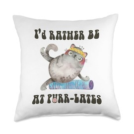 Mat Pilates or Reformer Pilates Punny Sayings I'd Rather Be at Purrlates Contrology Kitty Cat Pilates Pun Throw Pillow, 18x18, Multicolor