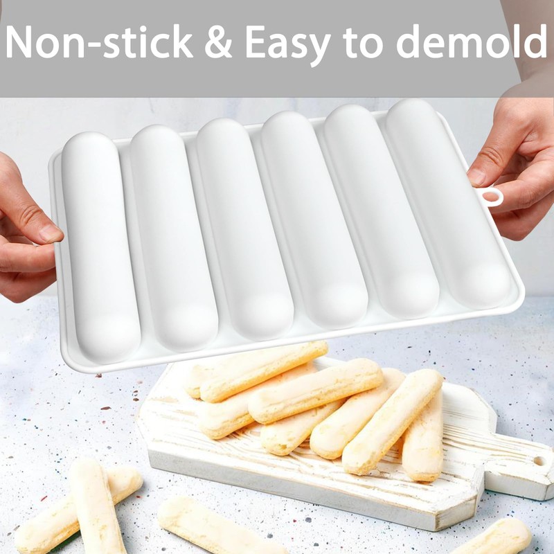 Fchil Silicone Eclair Mold, 6-Cavity Hot Dog Bun Pan, Finger