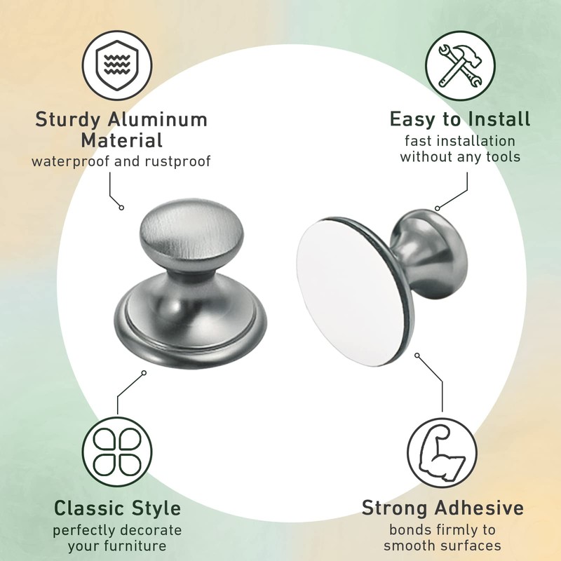 CcHhyyt 4 Pack Self-Stick Knobs Brushed Nickel Self-Adhesive Drawer Knobs