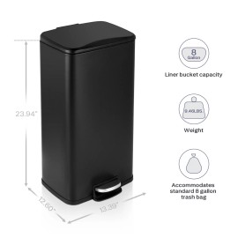 MEGACASA 8 Gal./30 Liter Rectangular Matt Black step-on Trash Can for kitchen