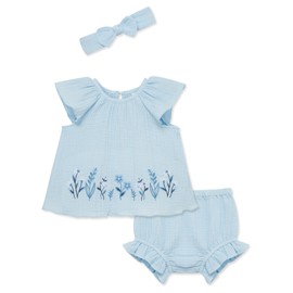 Little Me Clothes for Baby Girls' Border Gauze Sunsuit with Headband, Ice Water Blue, 3 Months