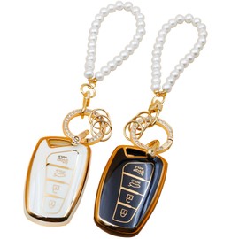 CHQLPBF 2pcs for Hyundai Key Fob Cover With KeyChain Fit for Hyundai Genesis Santa G80 Equus Azera Smart Key (Black/White)