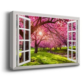 Renditions Gallery Nature Home Decor Scenic Window View of Spring Season Cherry Blossom Trees Canvas Pictures & Prints for Living Room Kitchen Walls - 12X18 LT38
