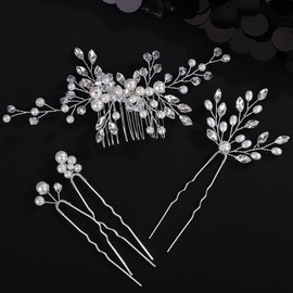Octwine Vintage Simple Bridal Wedding Pearls Hair Comb and Hair Pins Silver Gold Hair Comb Bridal Rhinestone Side Comb Crystal Hair Piece Wedding Party Prom Hair Accessories for Women (Silver)