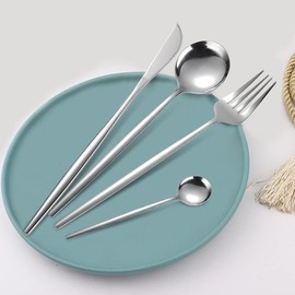 NAKORNO Juego de Cubiertos con Cuchillo para Carne: 25-piezas de Cubiertos de Acero Inoxidable para 5 - Brillo duradero para el hogar/fiestas/uso diario - Regalo para la Familia (Plata)