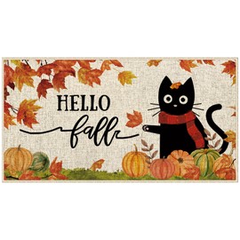 Dlzdn Hello Fall Cat Door Mat Fall Pumpkin Cat Decorative Doormat Seasonal Holiday Non-Slip Rubber Backed Entryway Rugs for Indoor Outdoor Entrance Floor 16 x 30 Inch