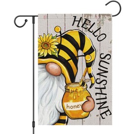 Heyfibro Hello Sunshine Summer Gnome Garden Flag 12x18 Double Sided Burlap Spring Sunflower Small Yard Banner for Rustic Seasonal Outside Outdoor House Decoration (ONLY FLAG)