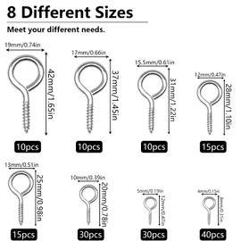 160Pcs Screw in Hooks Eye Bolts Metal Ceiling Hooks Heavy Duty Screw Eye Hooks Eyelet Screws Vine Eyes Hooks for Hanging DIY Craft, 8 Sizes