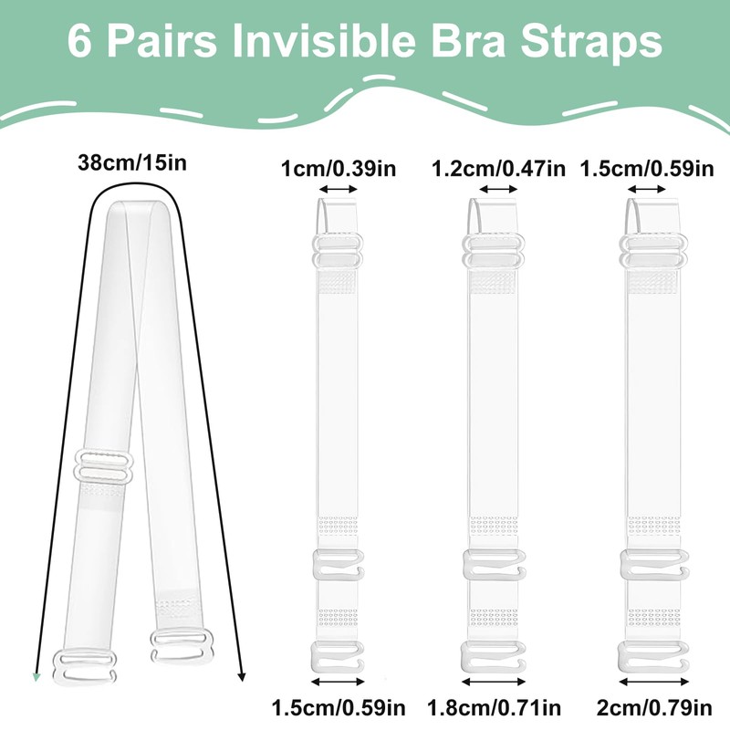 6 Pairs of Transparent Bra Straps, 1 cm/1.2 cm/1.5 cm
