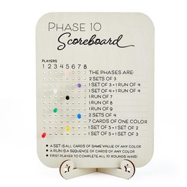 DICOSMETIC Phase 10 Score Board Wooden Phase 10 Scoreboard with 8 Colored Cribbage Pegs Fun Board Card Games Accessories for Board Games Family Party Birthday Christmas, 22x8x31cm