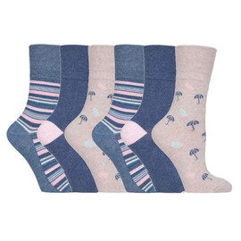 Gentle Grip - 6 Pack Womens Non Elastic Loose Top Patterned Cotton Rich Socks (4-8 uk, GG170 Umbrella)