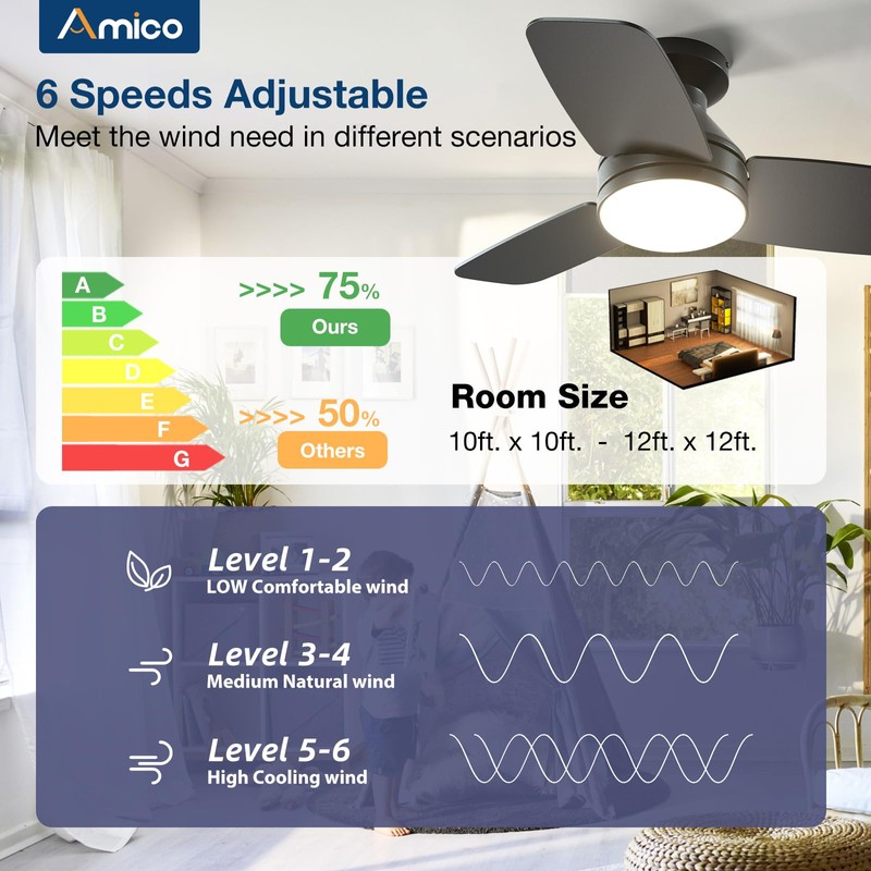 Amico Ceiling Fans with Lights, 30 inch Low Profile Ceiling