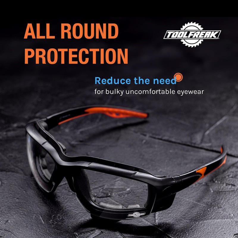 ToolFreak Spoggles Safety Glasses, EN166F Rated, Foam Padded, Clear Distortion